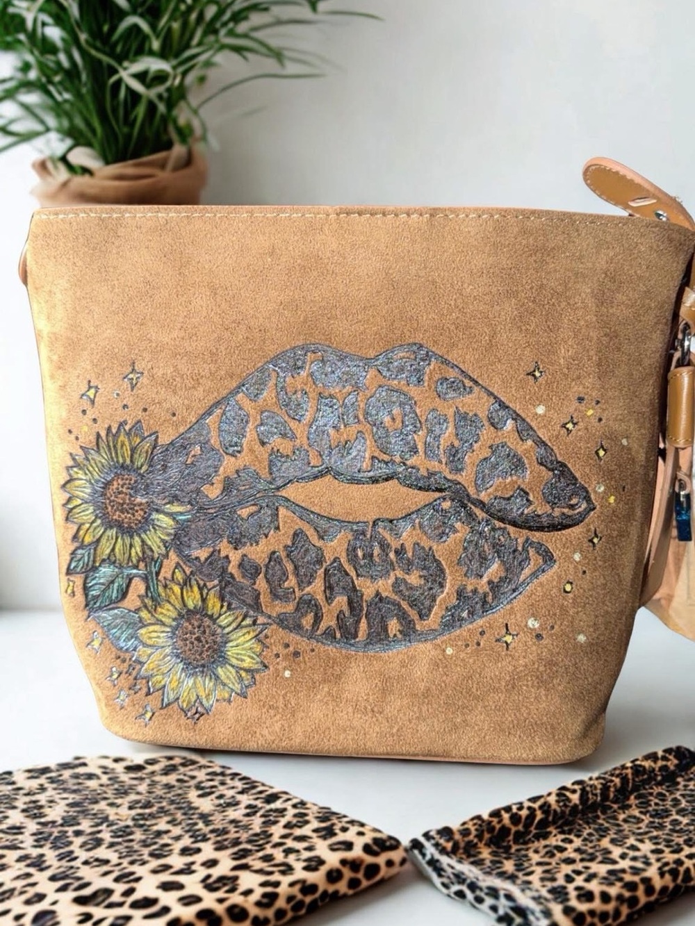 Vegan Suede Leopard Lip Print Crossbody hand burned & painted Sunflower Accent